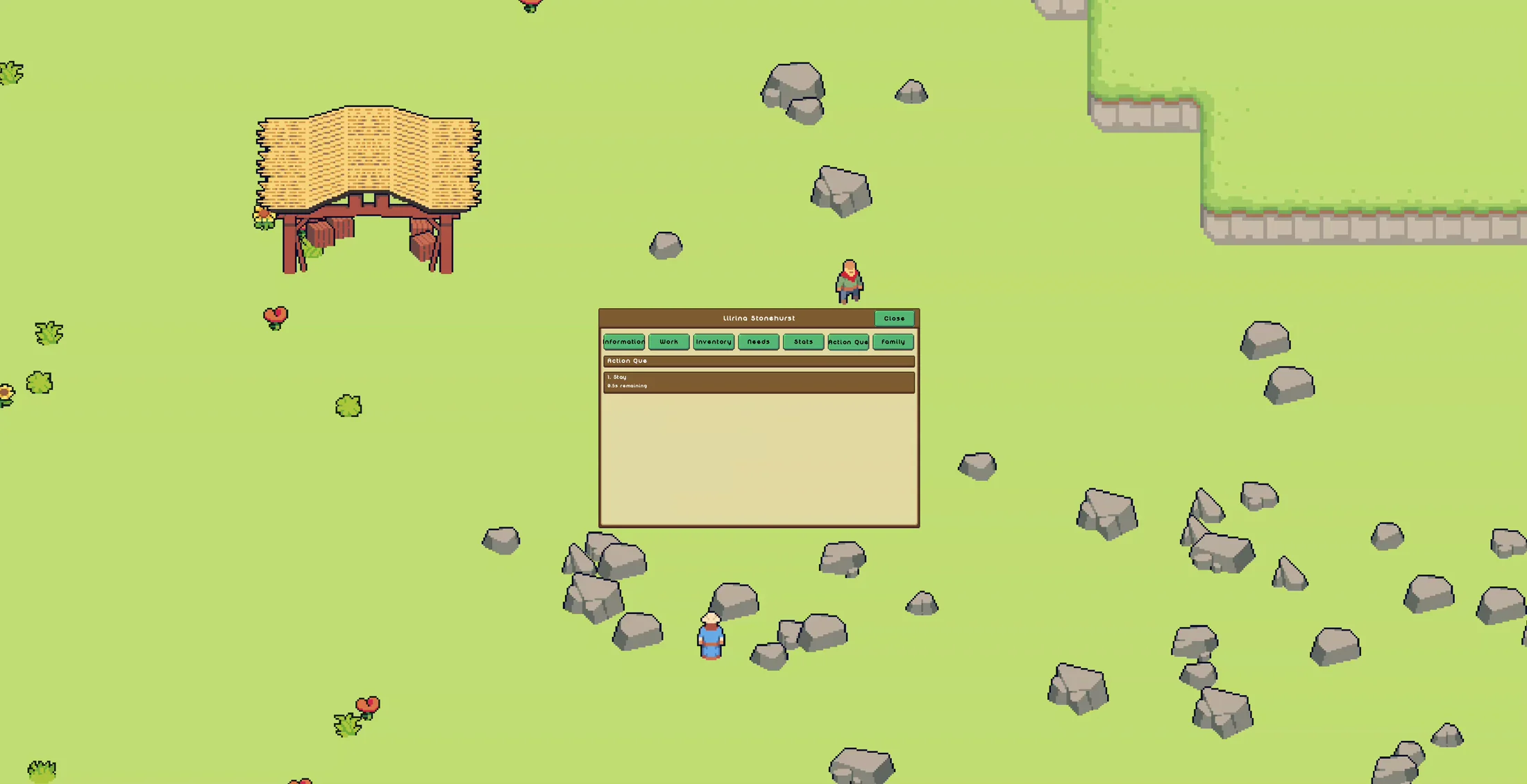 Top-down 2D Empires prototype showing a timber building, workers, rocks, flowers, and an open management panel
