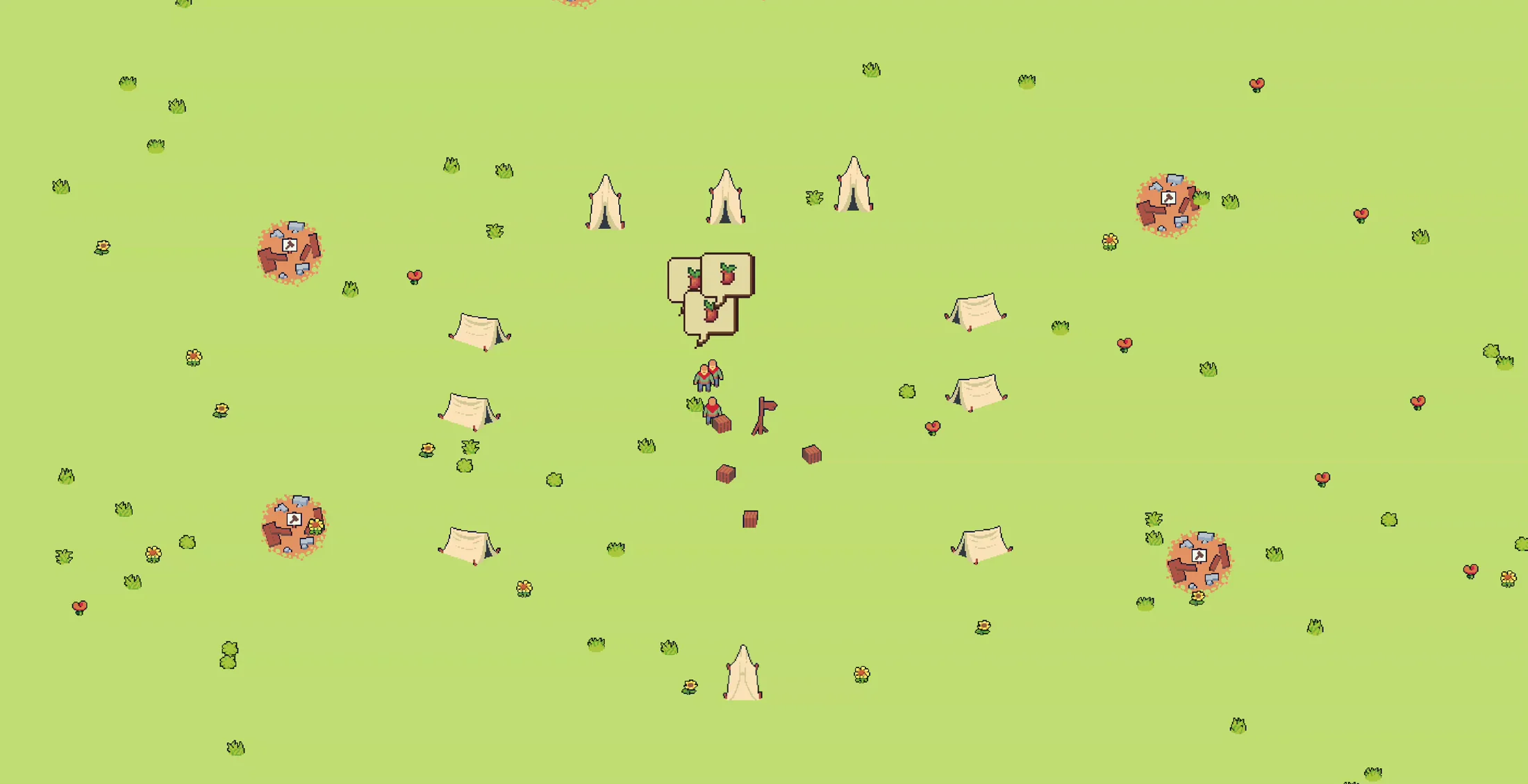Wide top-down 2D settlement with tents, workers, supplies, small campfires, and scattered vegetation