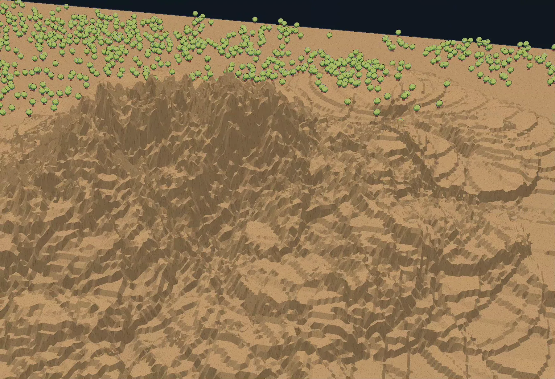 Early 3D terrain experiment filled with dense jagged extrusions and overlapping mountain-like walls