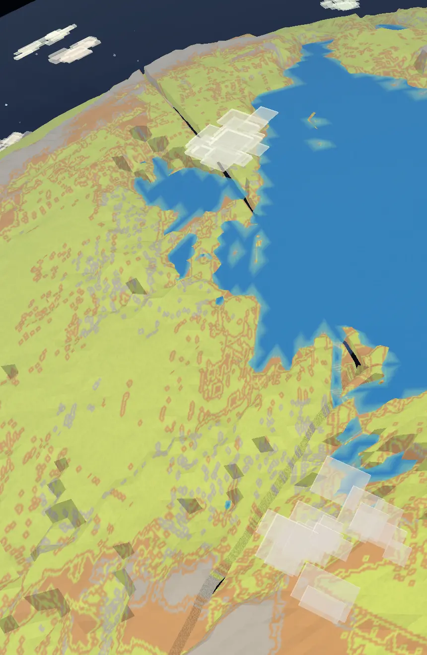 Experimental planet coastline with blue water and green land split by a long straight black crack