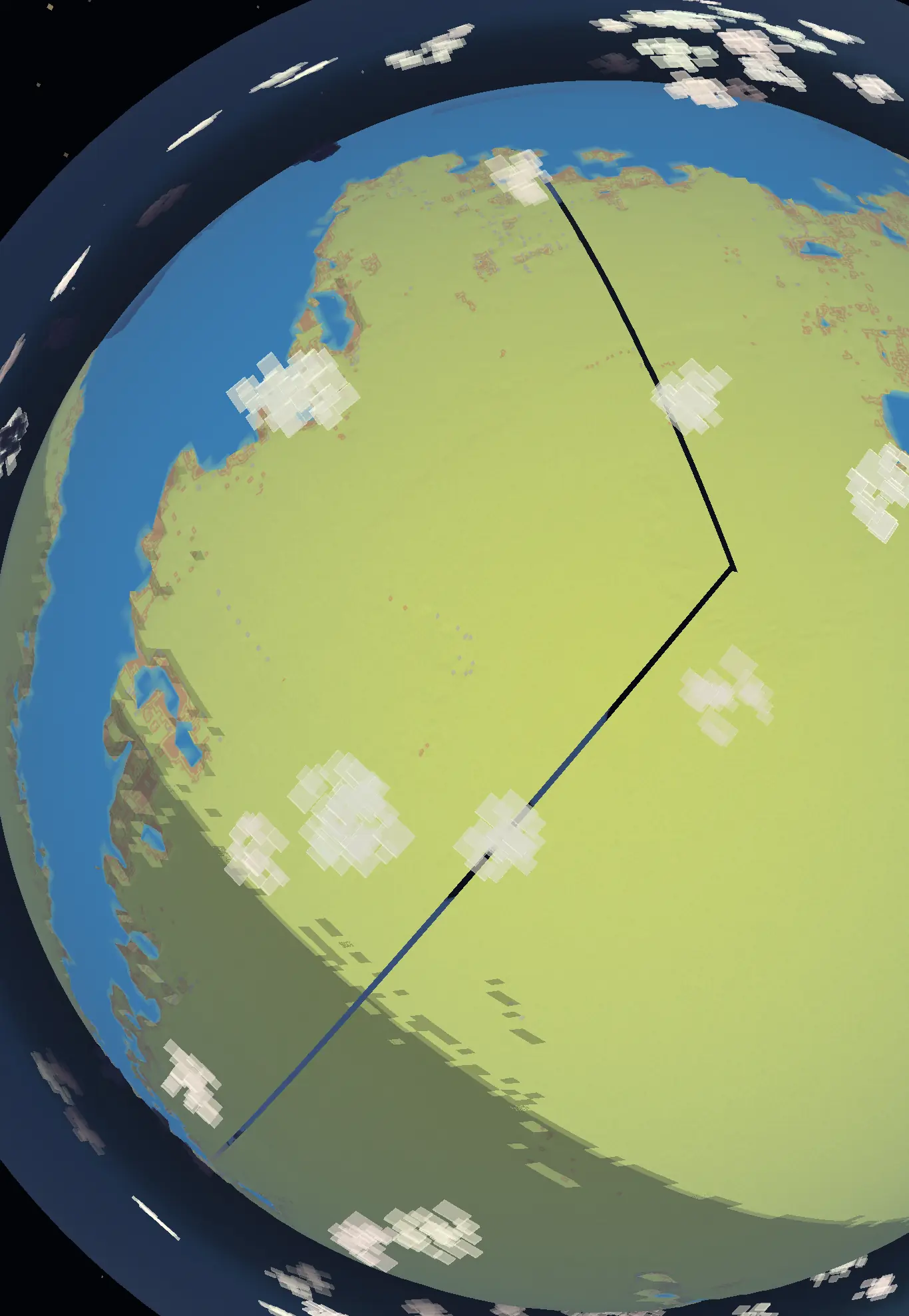 Curved planet with ocean, a pale green continent, clouds, and several thick dark seams meeting across the surface