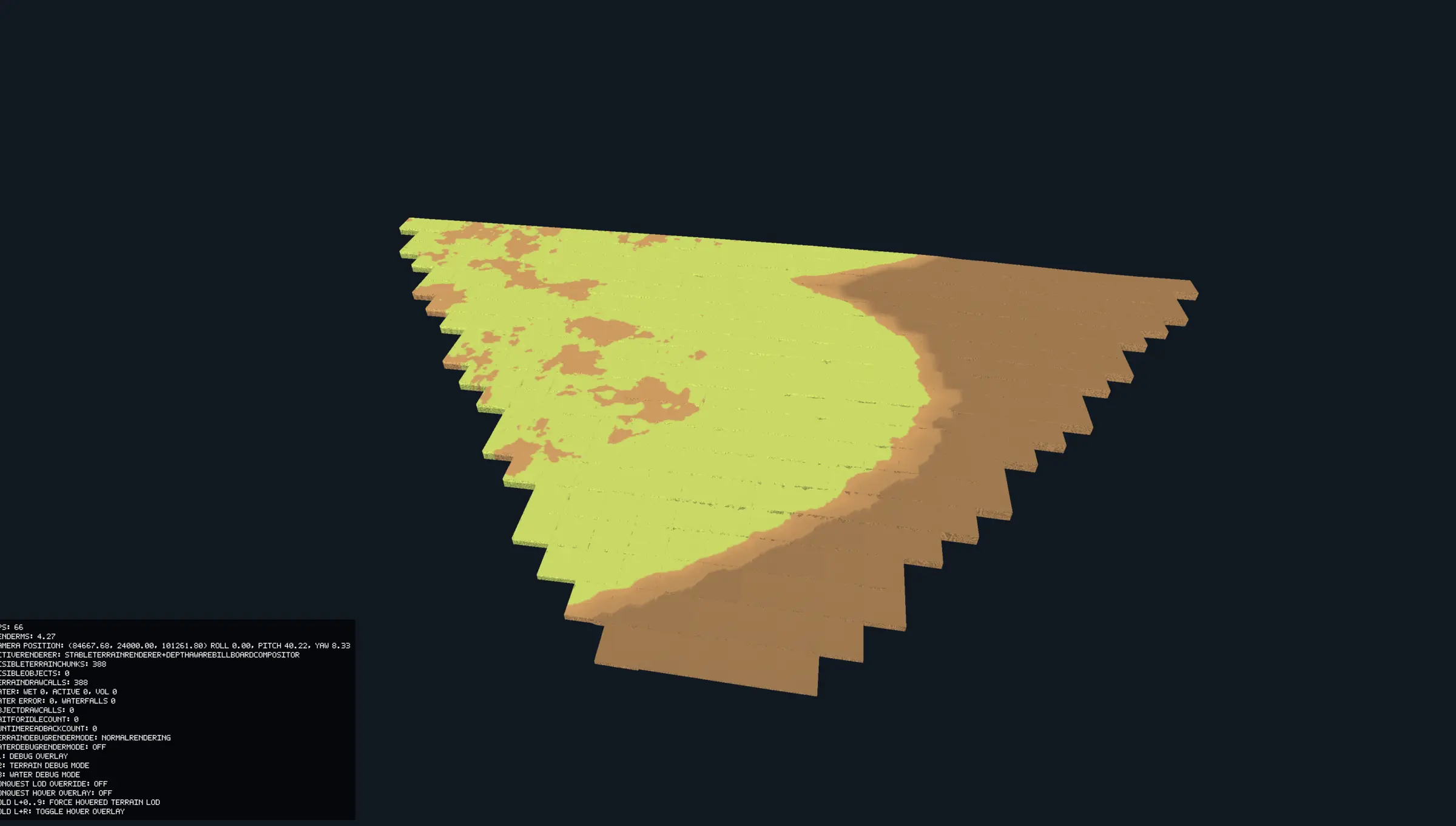 Isolated flat terrain made from staggered green and brown rectangular chunks against a dark background with a debug panel
