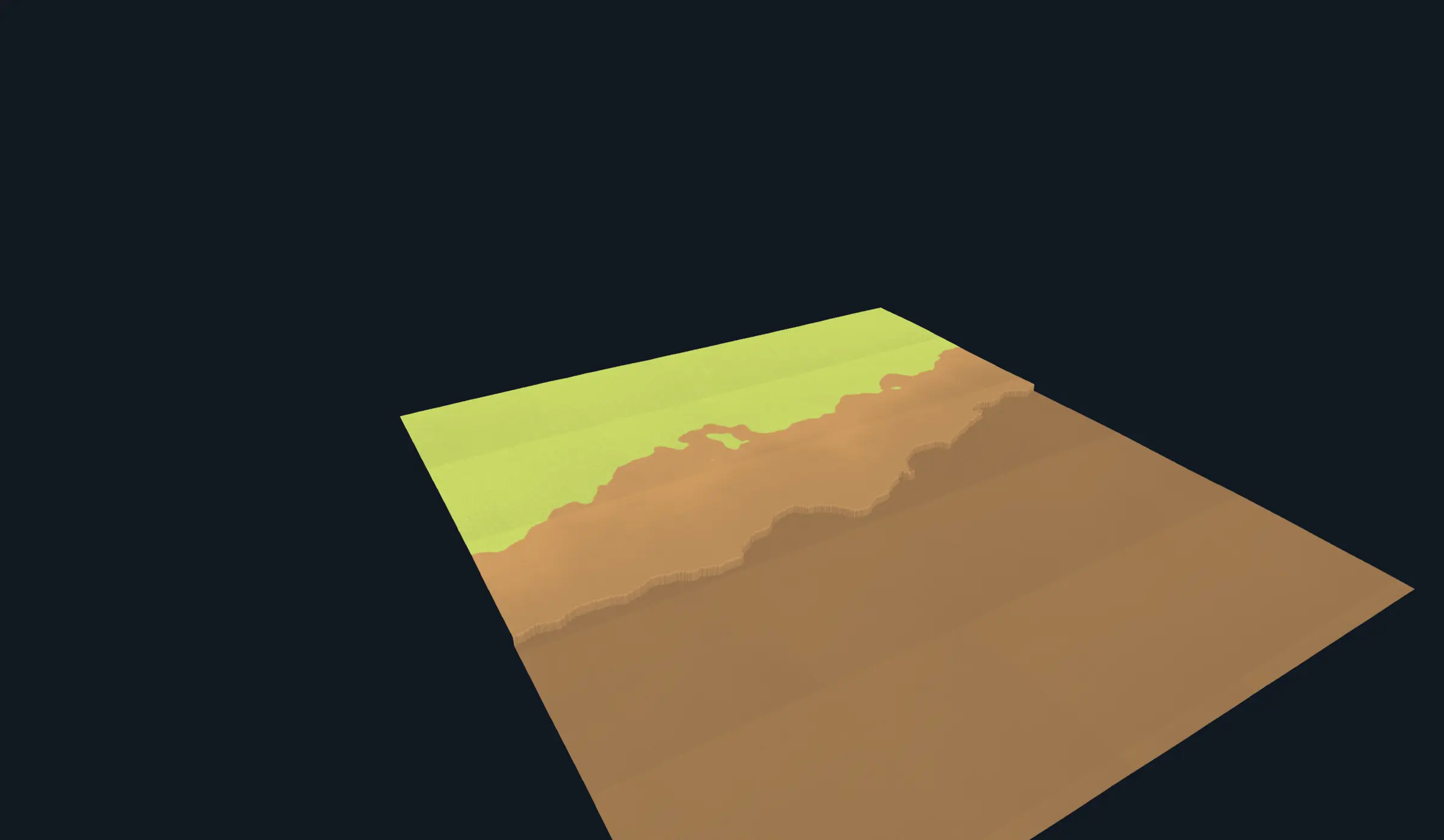 Flat streamed terrain platform with green grass blending into brown dirt across rectangular bands and stepped edges