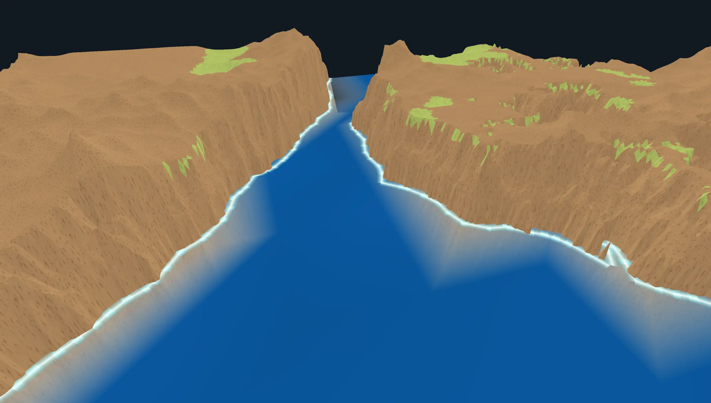 Deep blue water channel between tall brown terrain cliffs with green grass patches and a pale shoreline edge