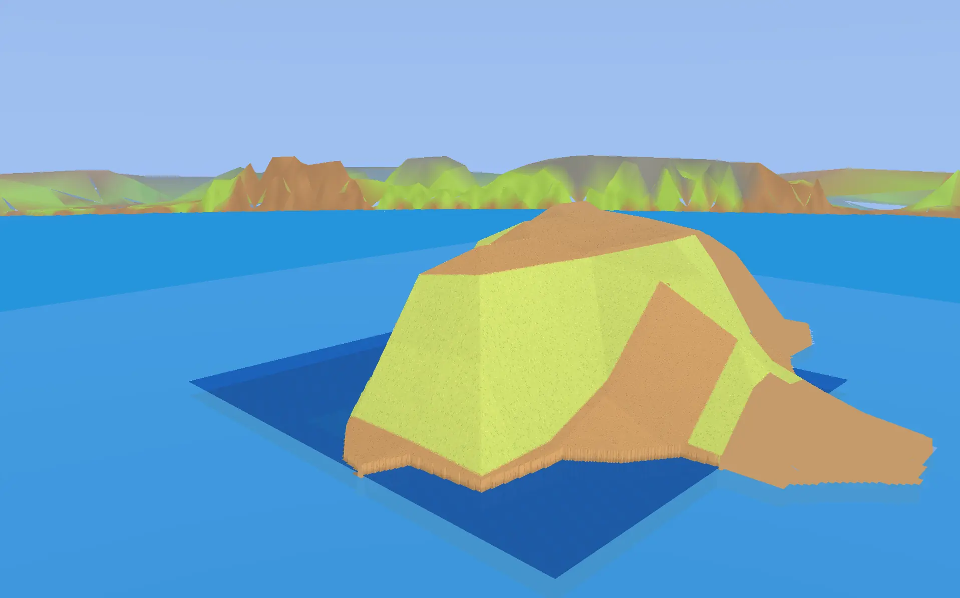 Foreground island in rectangular blue water with a band of low-poly green and brown hills across the distant horizon