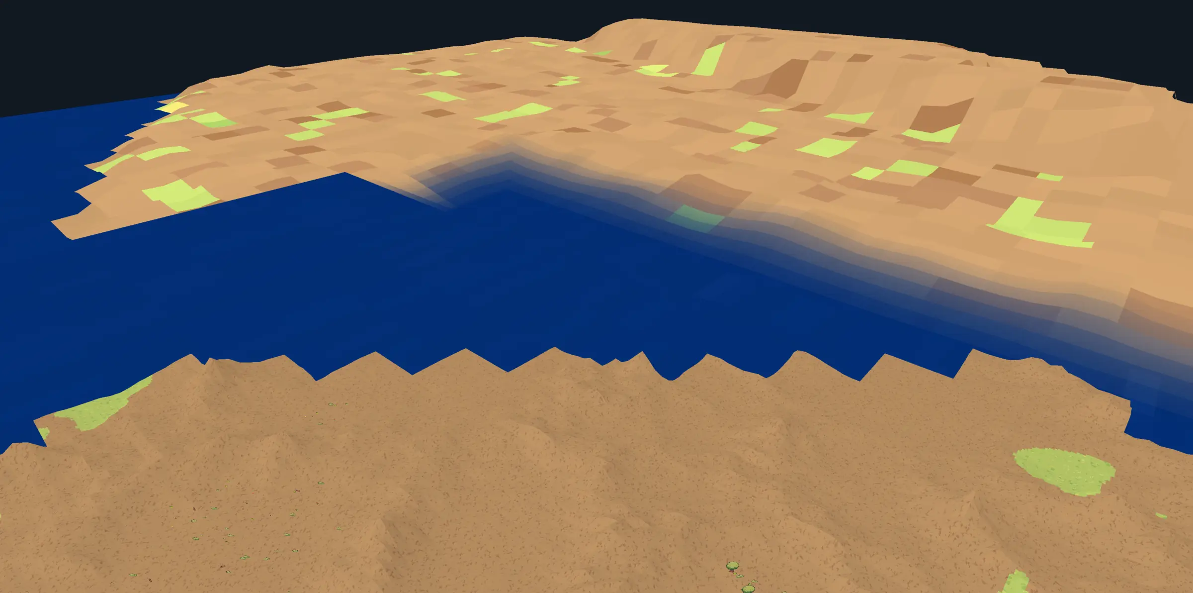 Near and distant brown terrain separated by dark water, with jagged coastlines and overlapping translucent shelves at the far shore