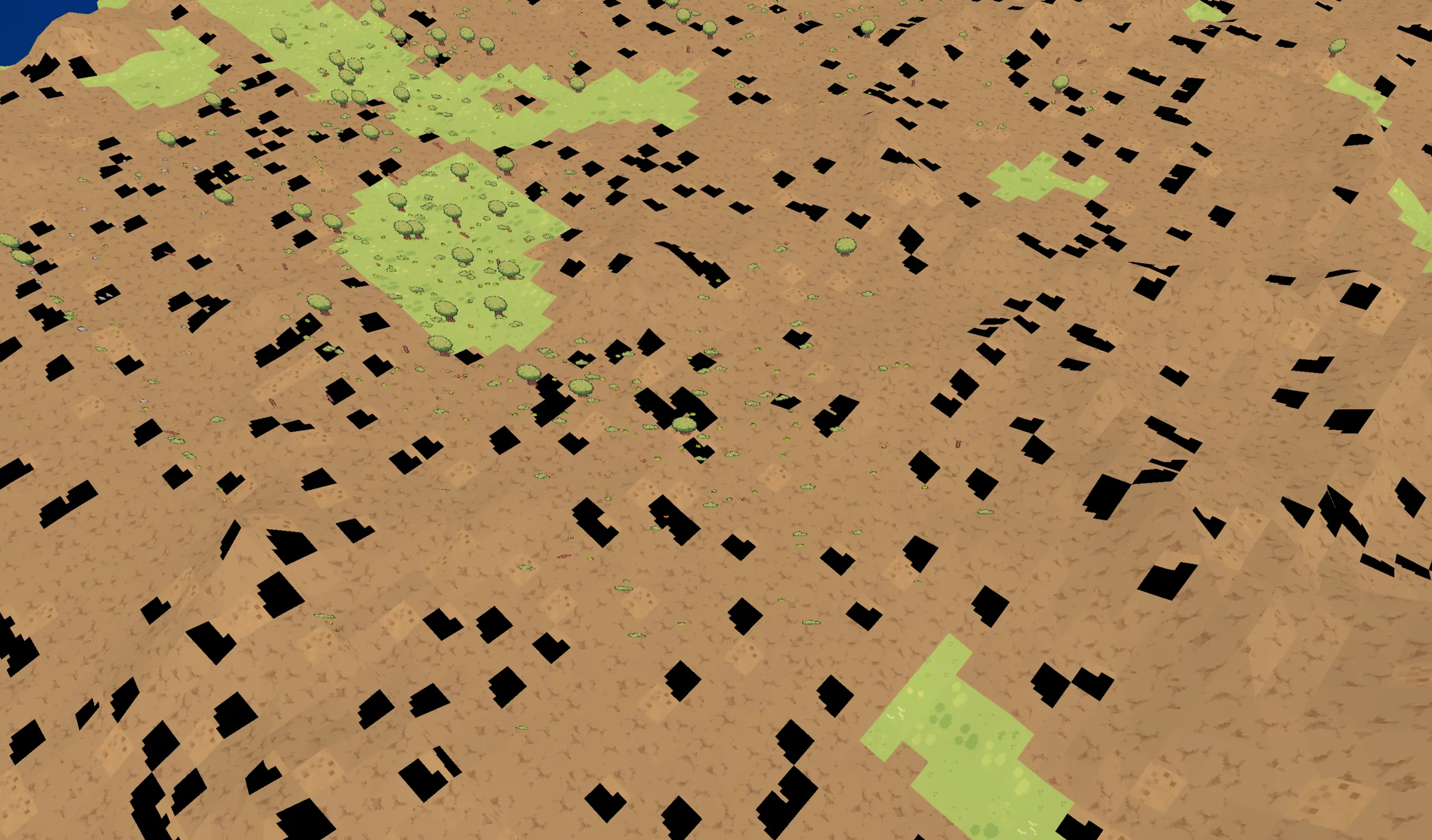 Overhead brown terrain with trees and green areas punctured by hundreds of black rectangular texture holes