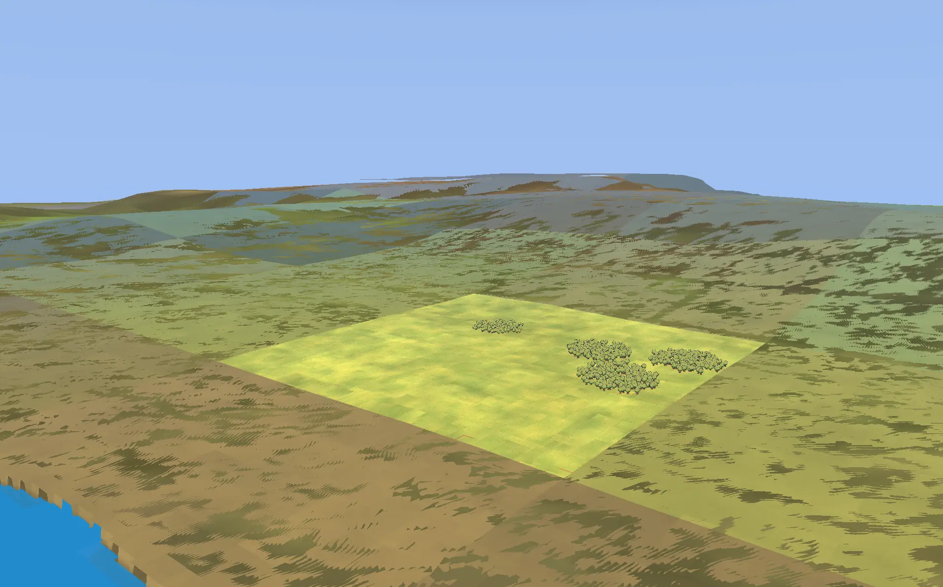 Bright square grass tile with trees embedded in a much larger muted and streaked distant landscape