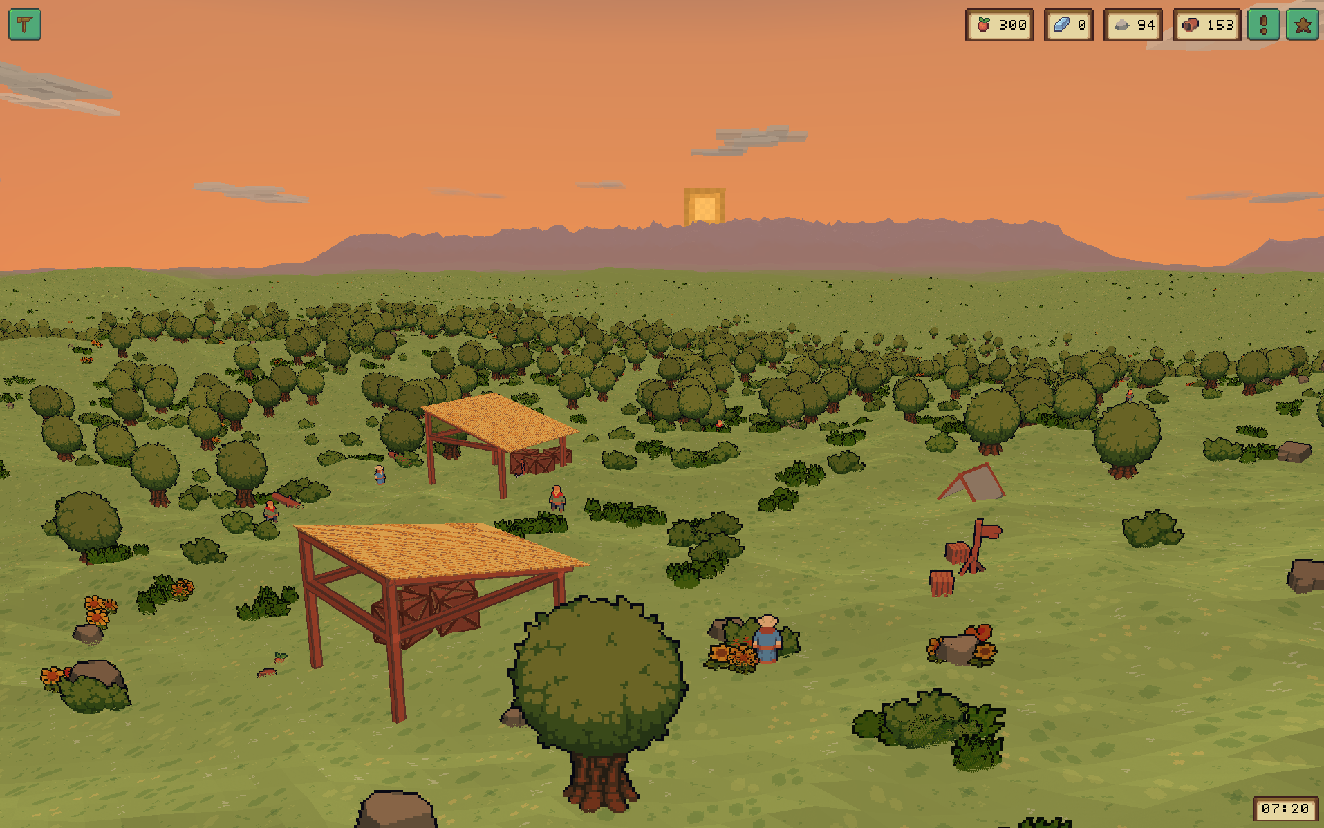 Empires settlement at sunset in a broad 3D landscape, with workers, trees, timber construction frames, and distant mountains