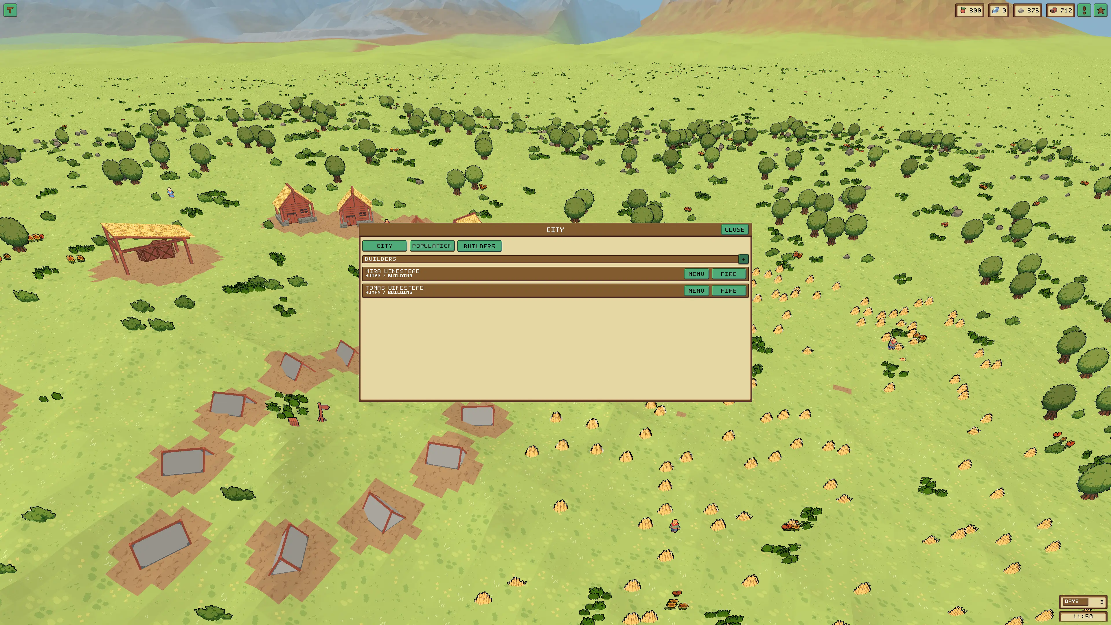 Empires city panel showing Mira Windstead and Tomas Windstead assigned as Builders while the settlement remains visible behind the panel