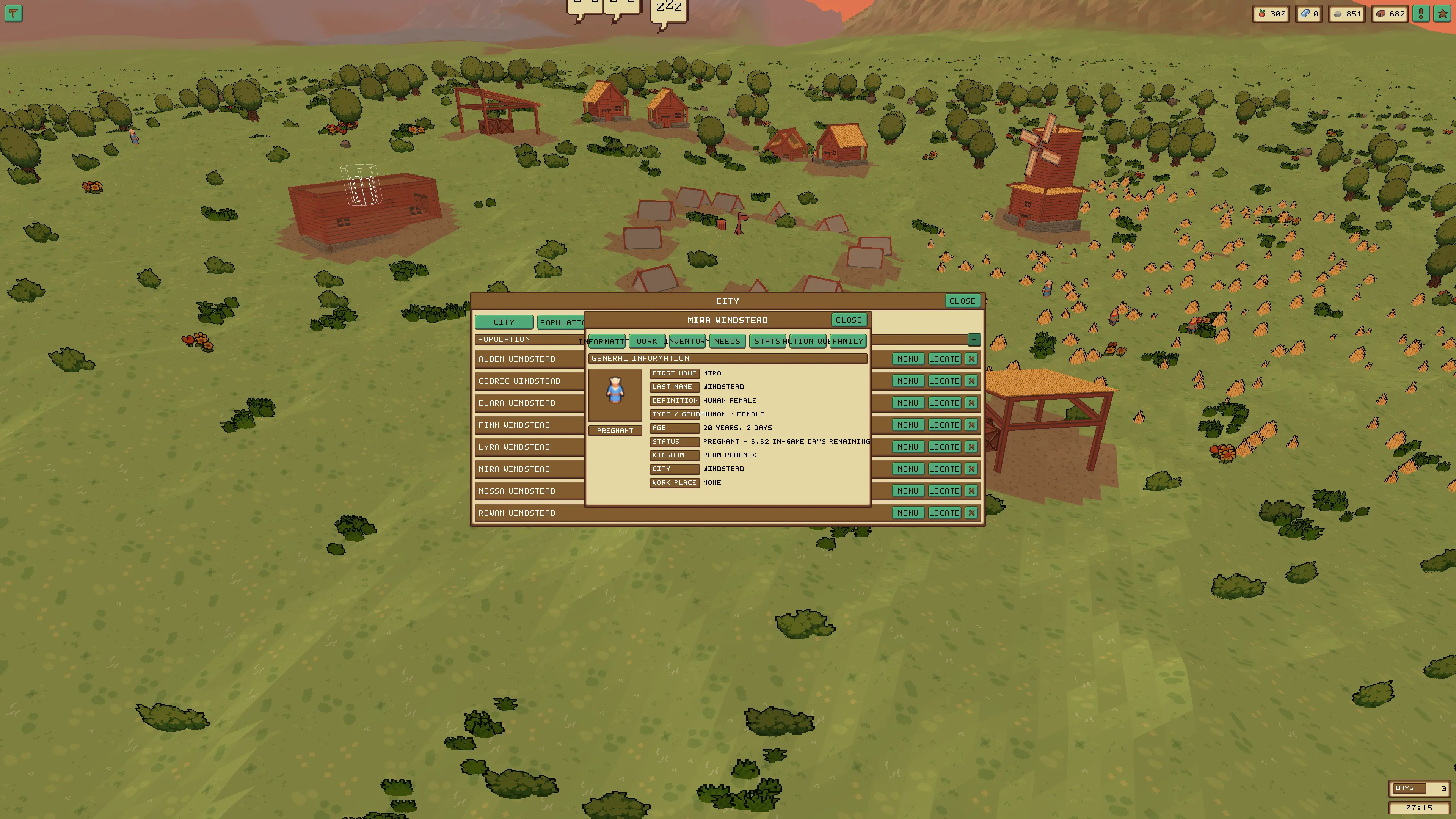 Empires Information panel for Mira Windstead showing a Pregnant badge, age, status, city, and kingdom over the live settlement