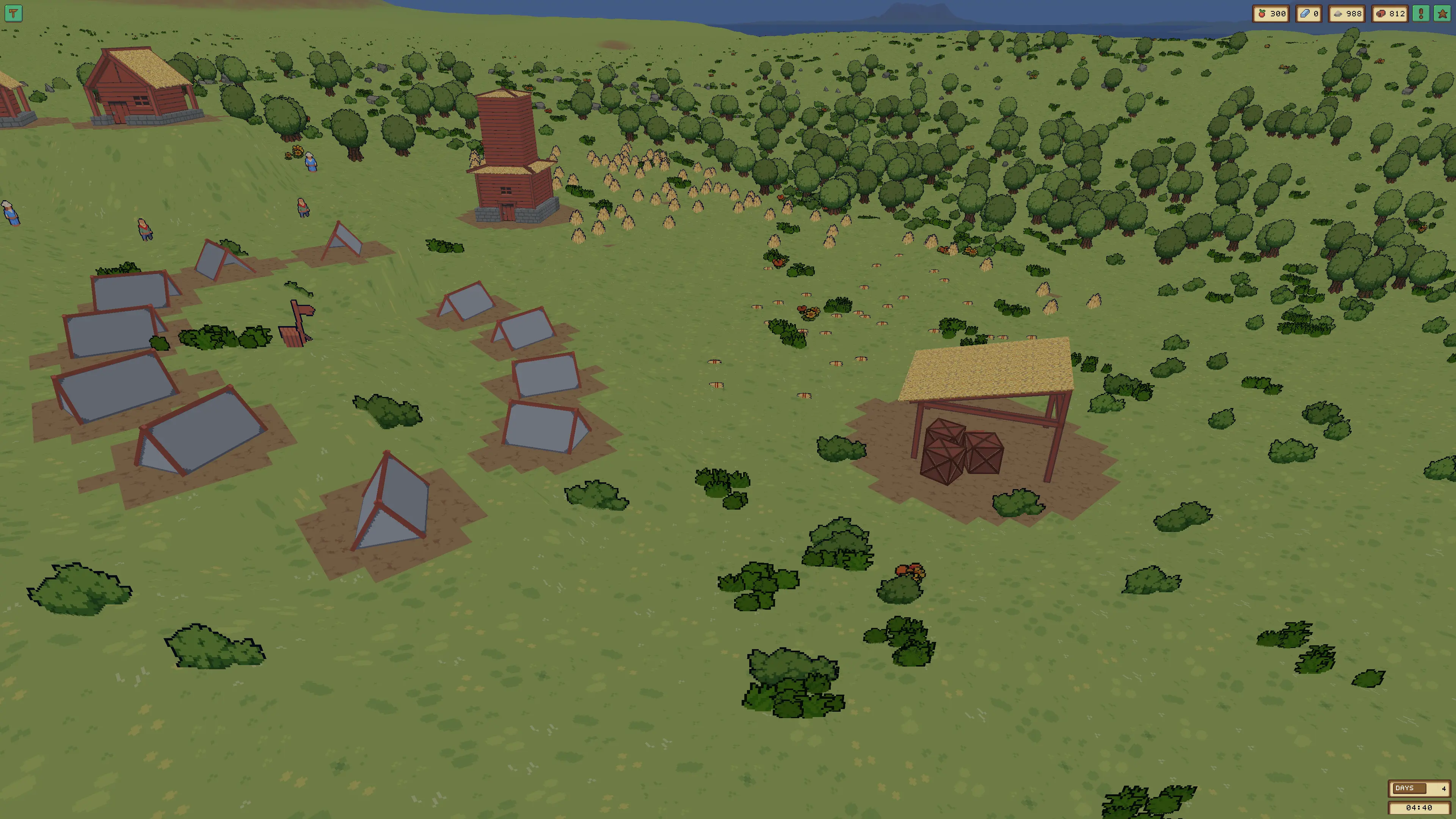Empires settlement with small staged construction material tokens arranged on the ground near unfinished buildings and a storage shelter