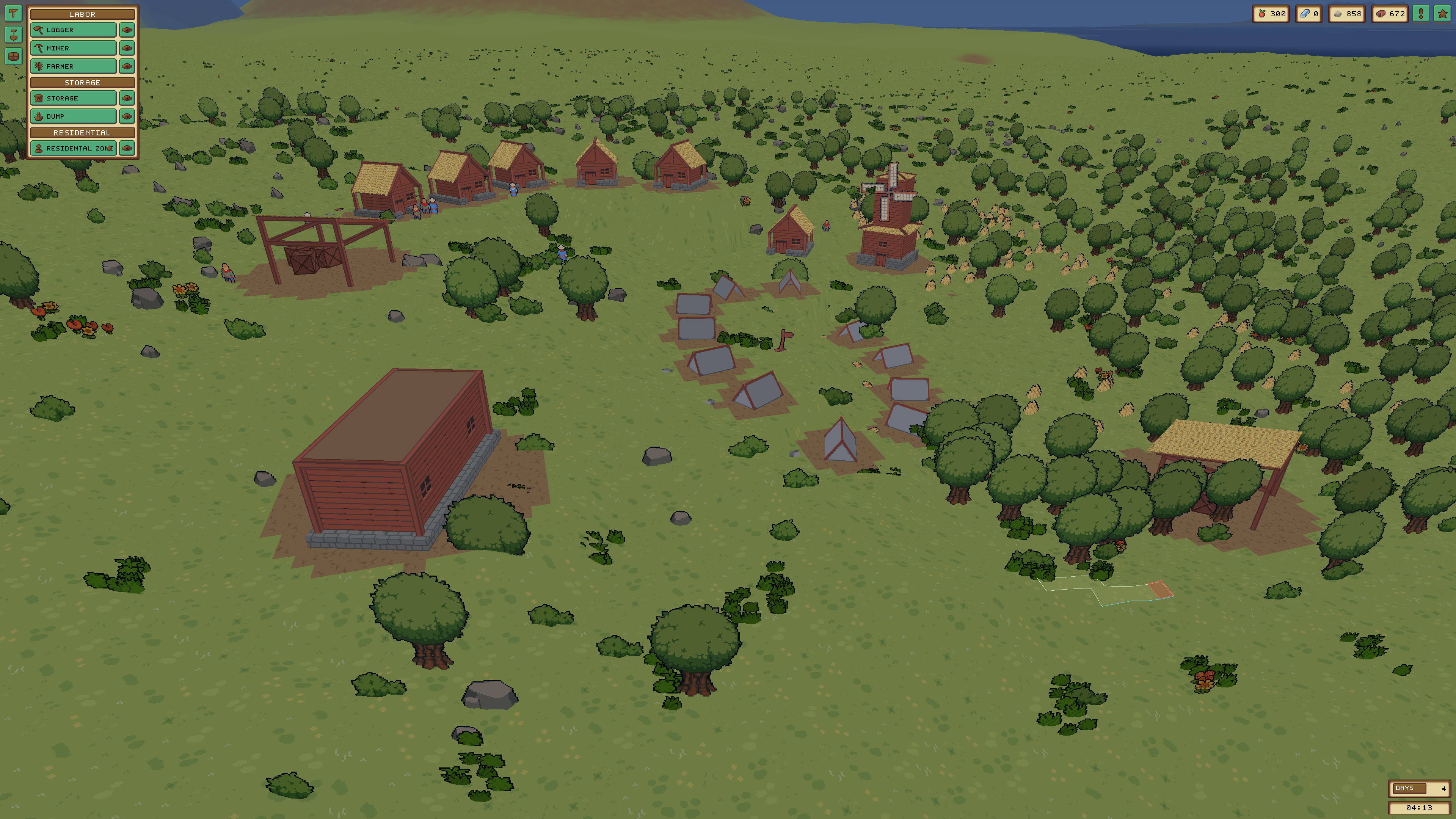 Wide Empires settlement view with the shared Zones sidebar listing Logger, Miner, Farmer, Storage, Dump, and Residential tools with visibility controls