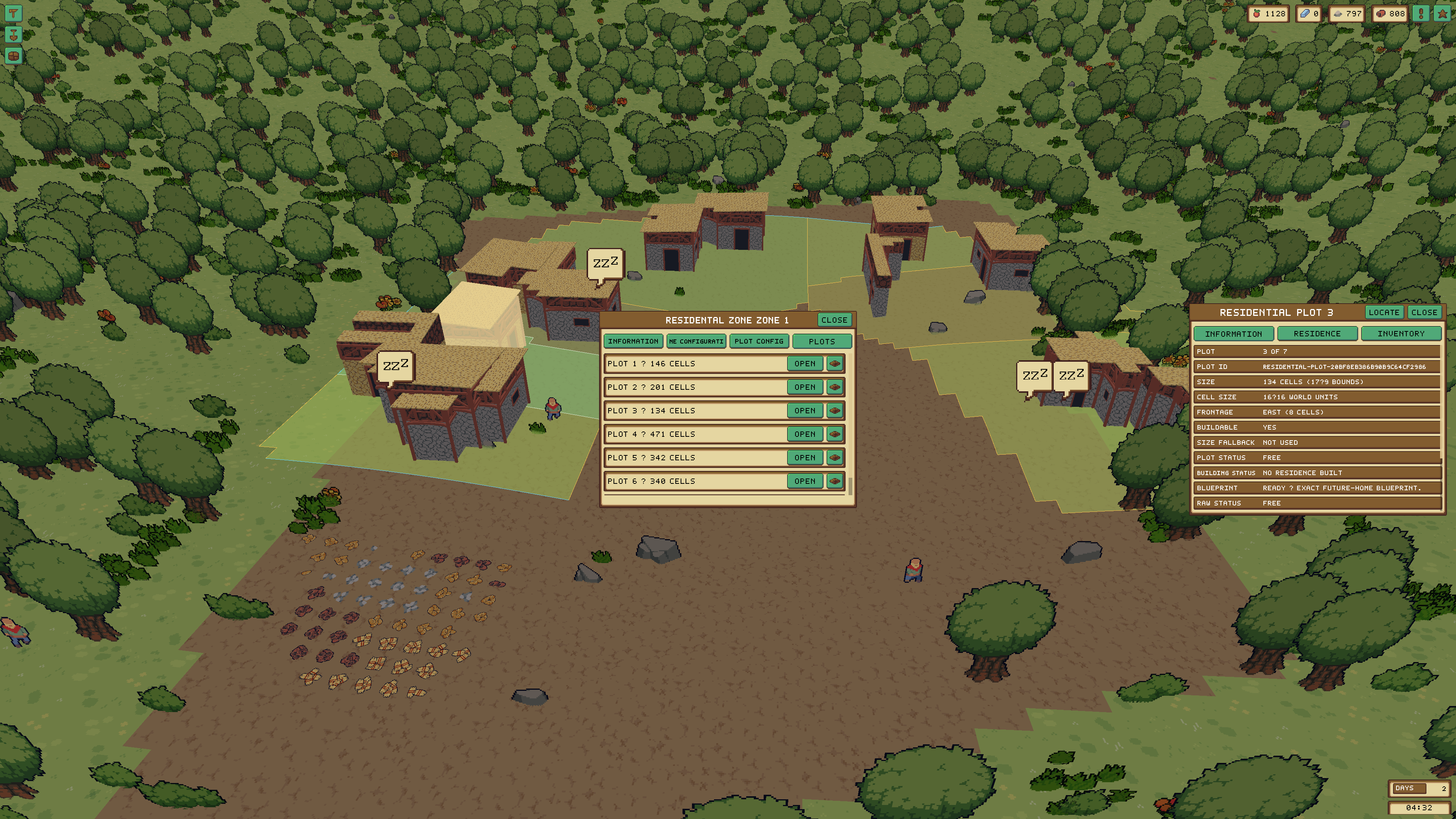 Earlier Empires Residential integration checkpoint with highlighted plots, varied procedural homes, a scrollable plot list, and a pale free-plot preview