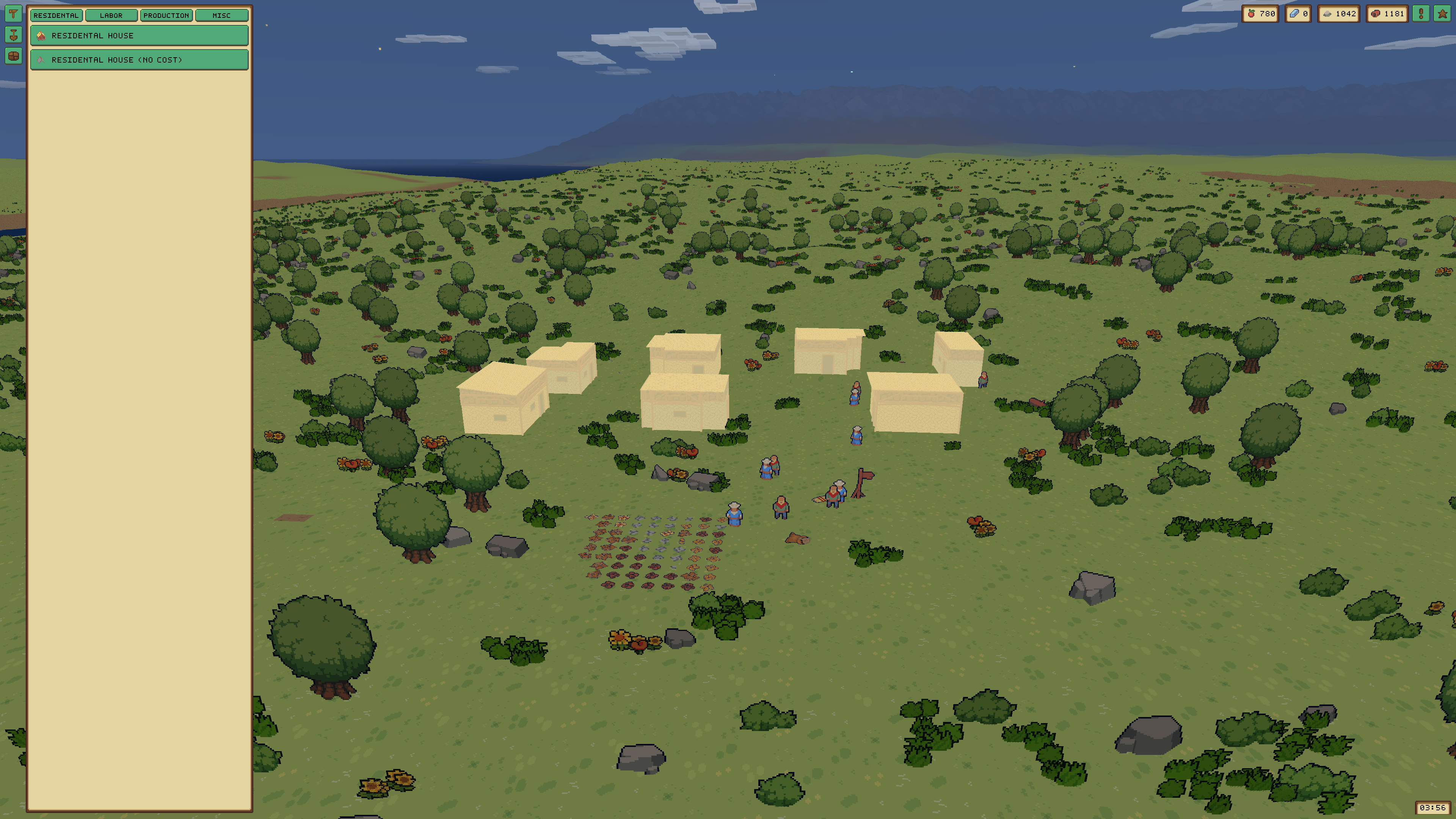Empires settlement with seven persistent procedural homes displayed in the pale construction overlay while villagers work nearby