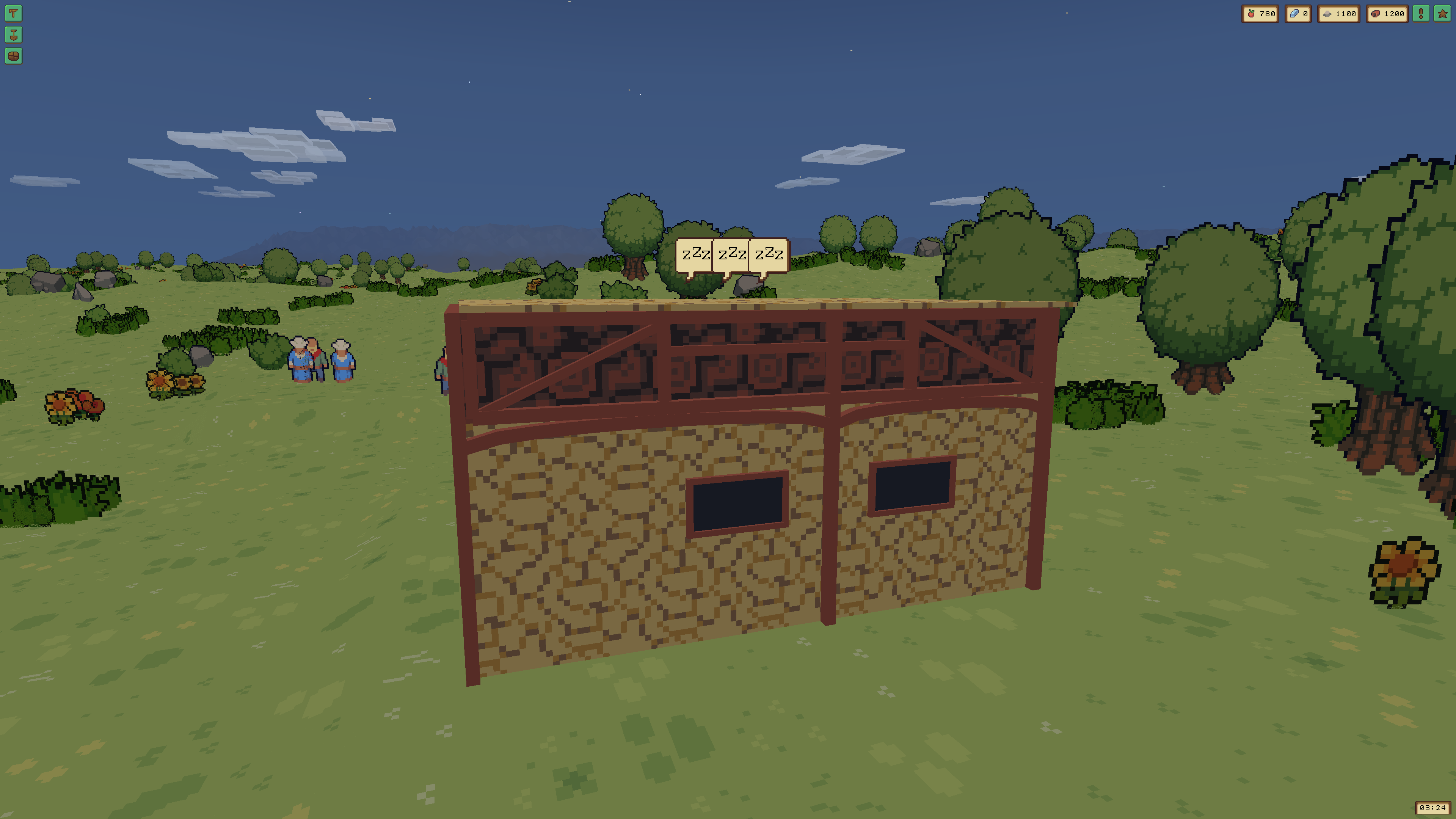 Close view of a procedural Empires house in a disposable validation clone showing corner posts, a support between windows, roof-underwall frames, stone walls, and timber finishes