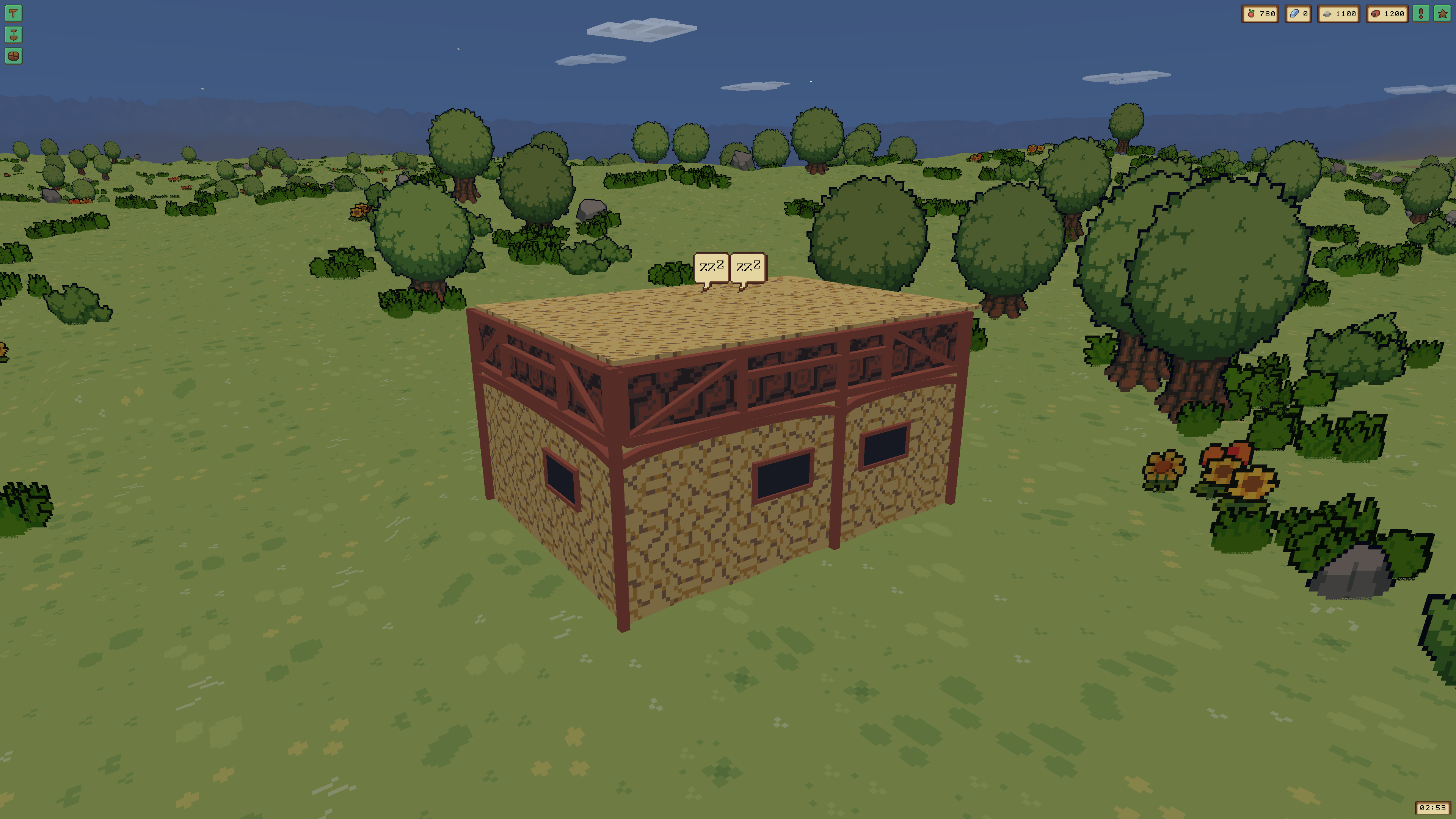 Procedural Empires home in a disposable validation clone with two NPC Rest-interaction indicators positioned above its roof